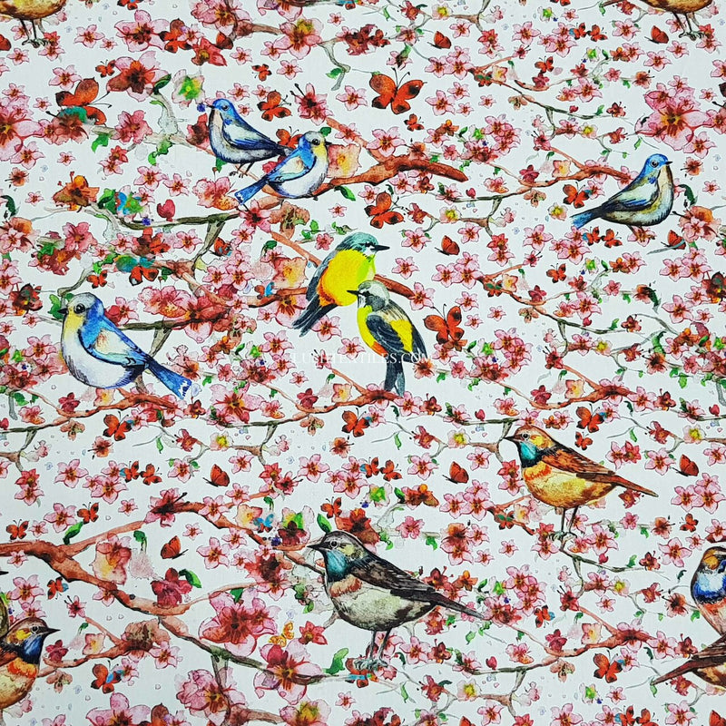 Tissu en coton à impression numérique de brindilles et d'oiseaux en fleurs