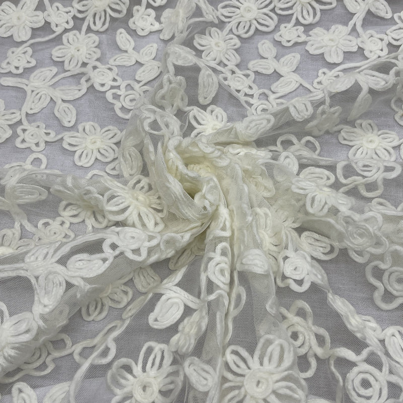 Chantilly Floral Rope Pattern Lace Net Frill Dress Fabric, Crème