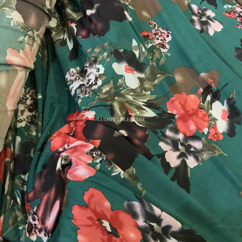 Floral Flowers Lycra Maxi Dress Fabric, Green