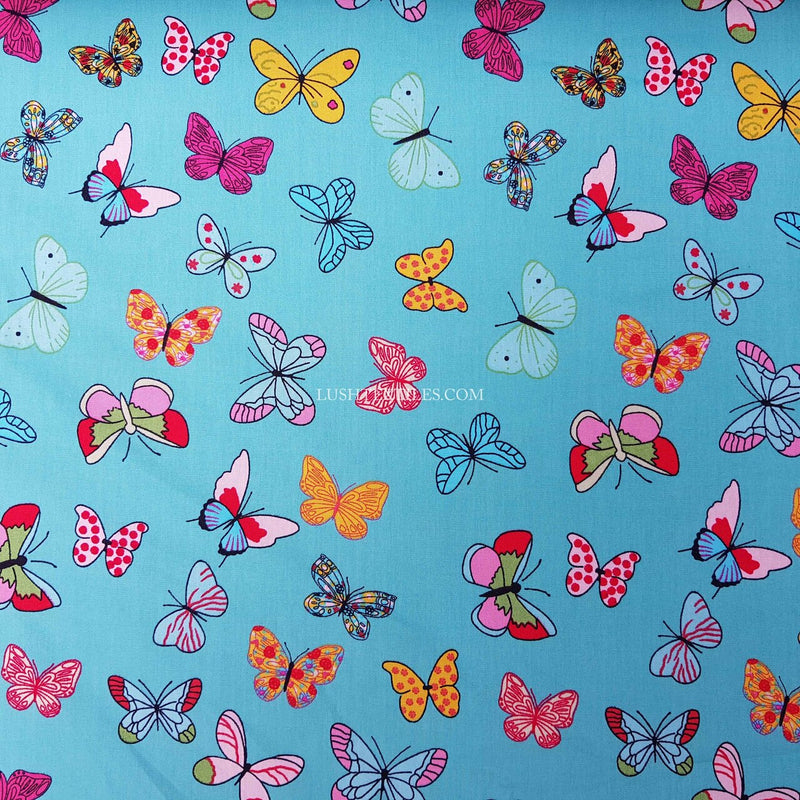 Colourful Butterflies Rose & Hubble Cotton Poplin Fabric, Mint