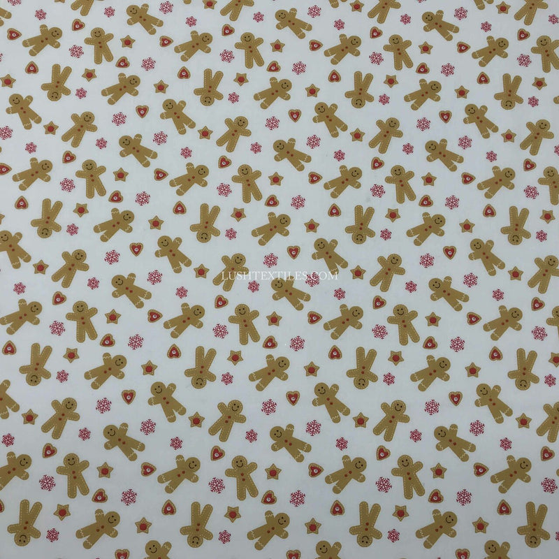 Gingerbread Men & Hearts Christmas Polycotton Fabric, White