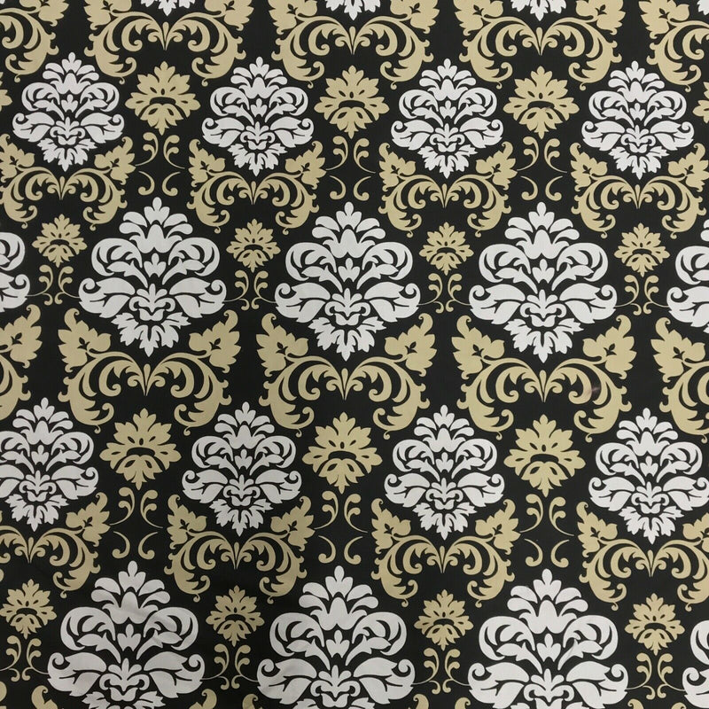 GlobalTex ORLY Beige & White Damask On Black Cotton Fabric Curtain Upholstery