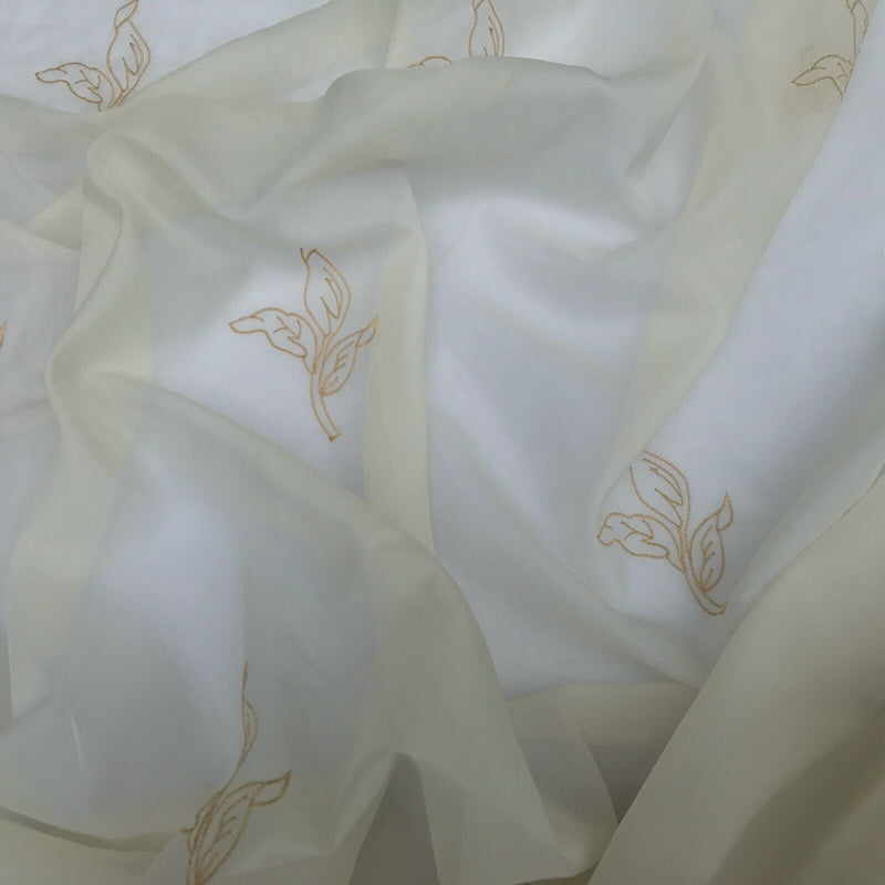 Gold Floral Cream Embroidery Voile Fabric Net Curtains Dress Window Draping