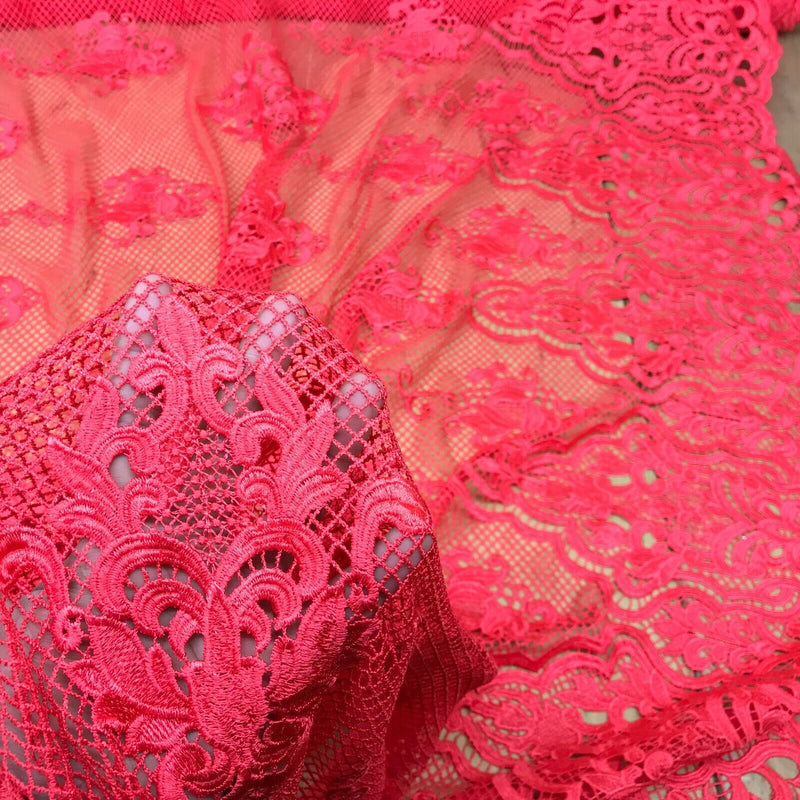 Cerise Red African Embroidery Lace Scalloped Mesh Net Dress Trim Wedding Fabric