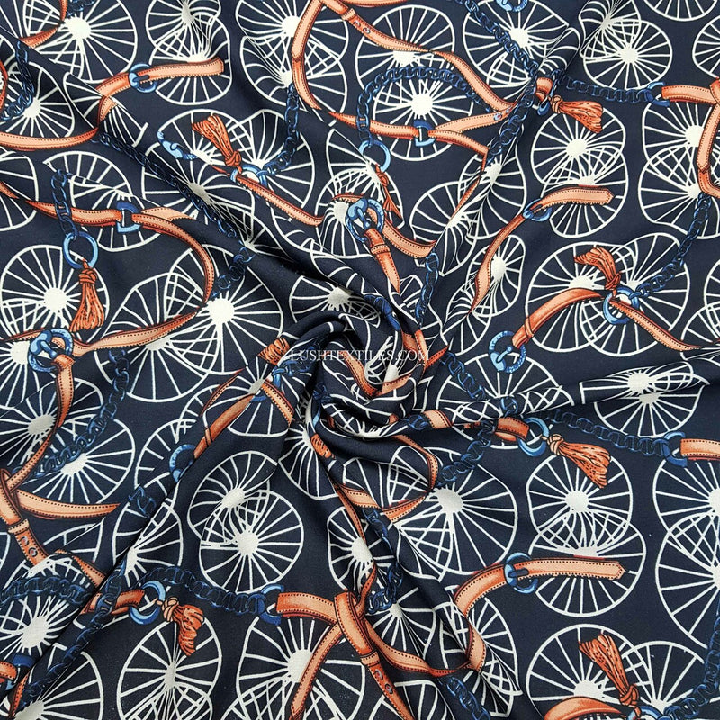 Designer Chain & Belt Print 100% Viscose Dress Fabric, Navy