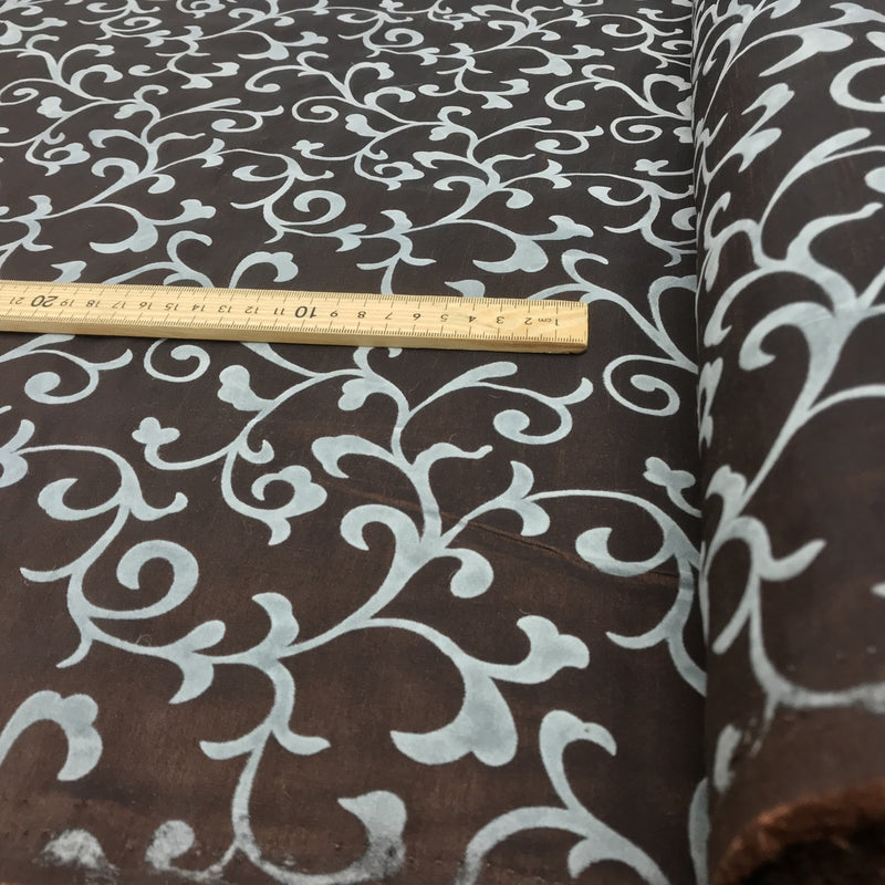 Duck Egg Floral Velvet Flock Taffeta Fabric, Brown