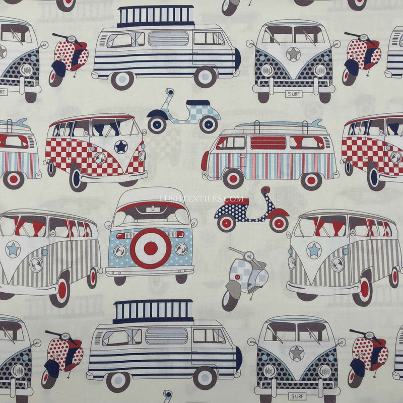 Camper Vans And Scooters Print Cotton Fabric, Nautical