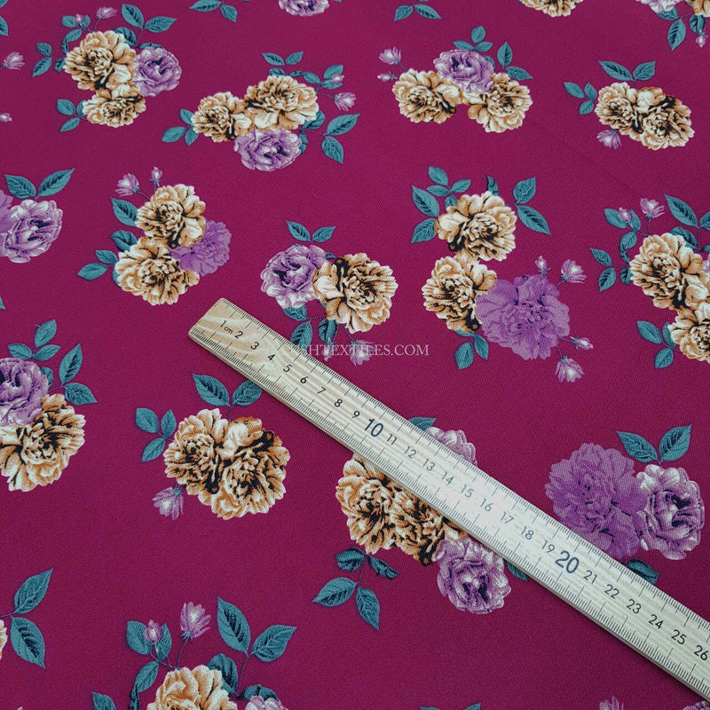 100% Viscose Floral Roses Dress Fabric, Wine