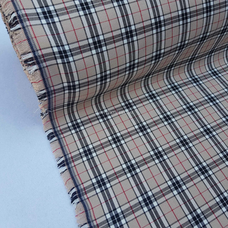 Tissu Robe Poly Viscose Tartan à Carreaux Style Burberry Beige