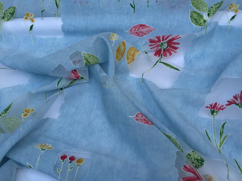 Fleurs Voile Tissu Floral Toile de Fond Fenêtre Drapant Filet Rideaux Bleu 150cm