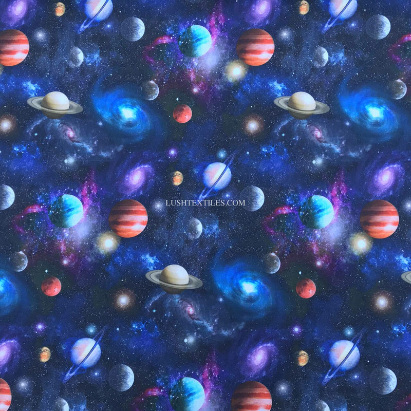 Tissu artisanal en coton numérique Galaxy Space Planets, bleu marine