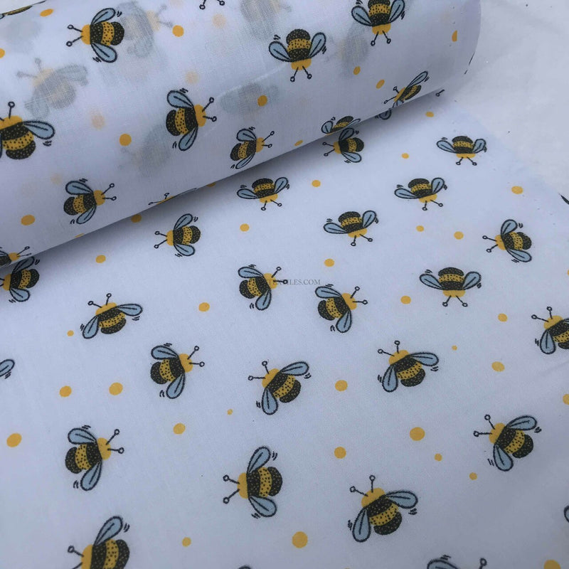 Tissu polycoton DITZY Bumble Bees, blanc