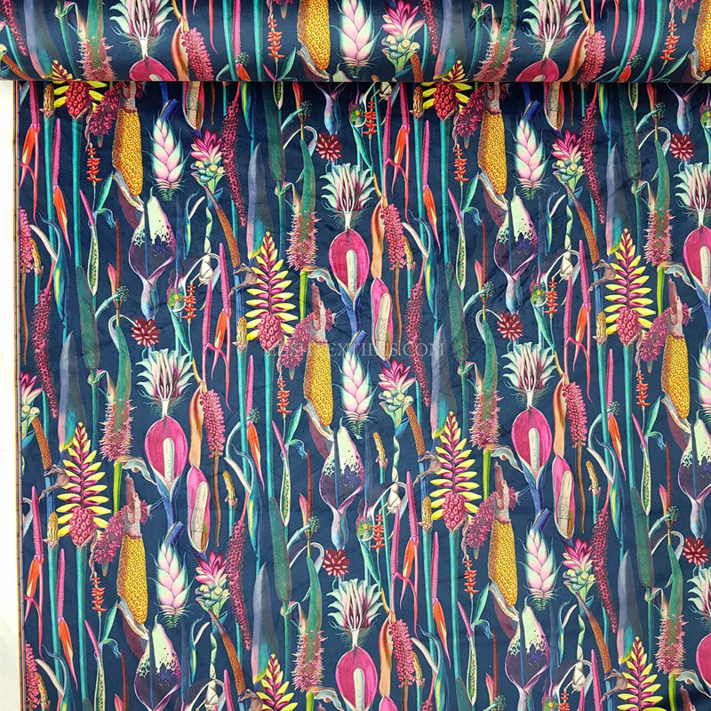 Botanical Digital Print Plush Velvet Curtain Fabric, Navy