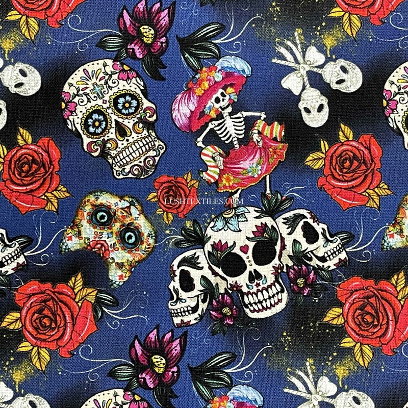 Tissu artisanal en coton numérique Day Of The Dead, bleu