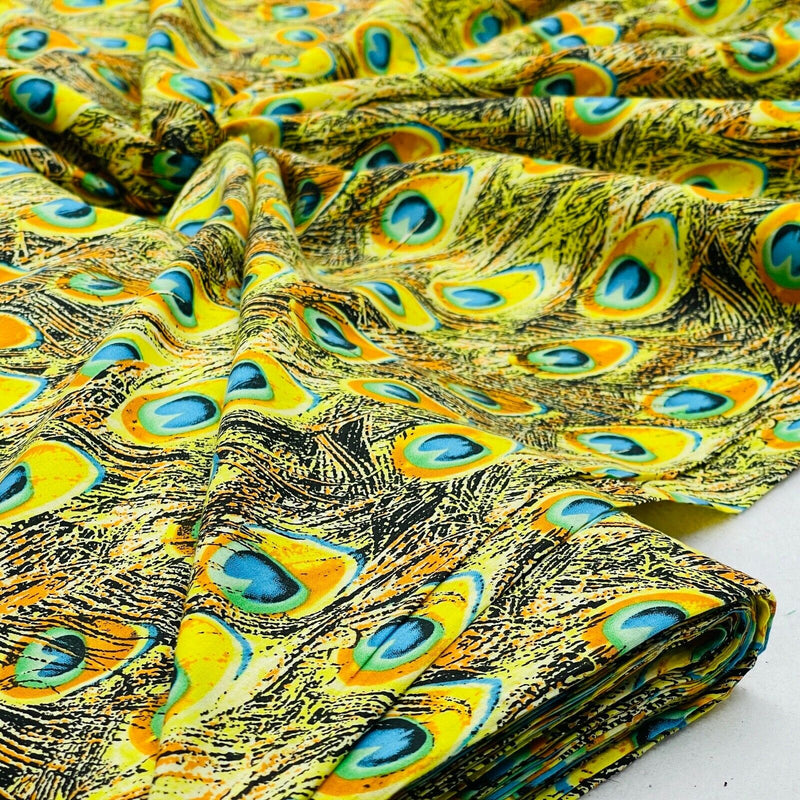 100% Cotton PEACOCK FEATHER Print Fabric Dress Quilting Patchwork Craft, Yellow