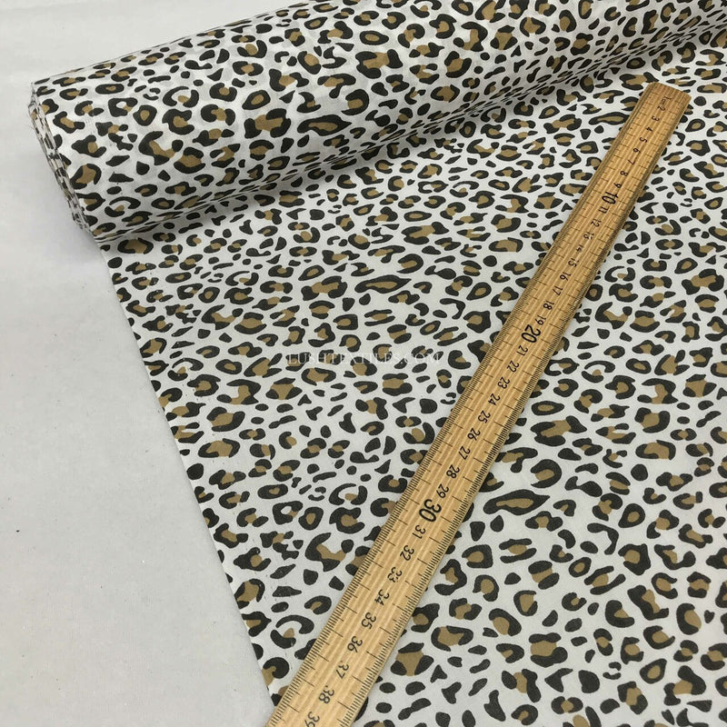 Brown Leopard Spots Animal Print Polycotton Fabric, White