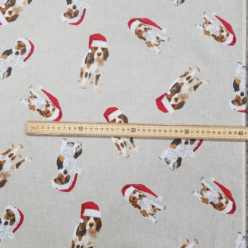 Christmas Puppies Linen Print Cotton Canvas Xmas Fabric