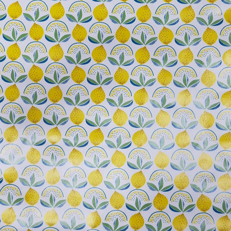 Au mètre Jaune Citrons PVC, Blanc