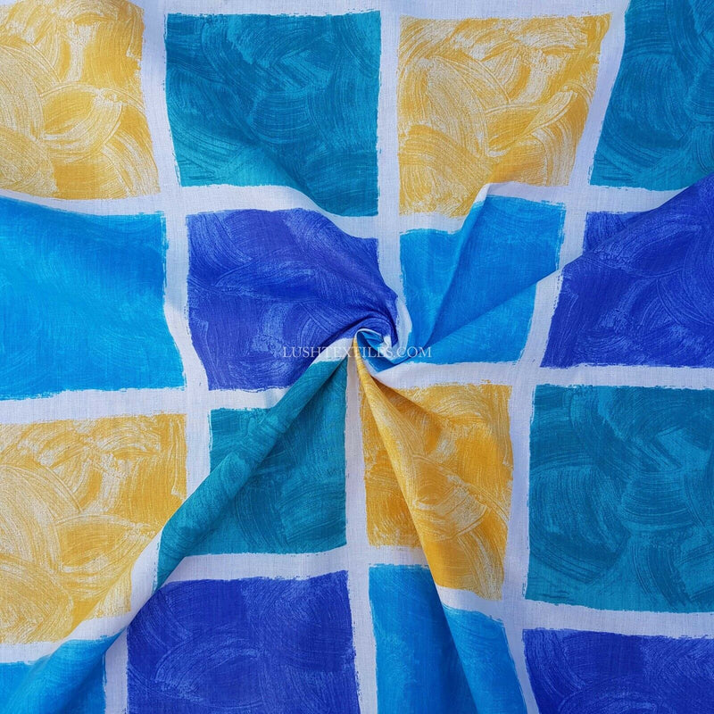 Blue & Yellow Squares Poly Cotton Sheeting Fabric NHS SCRUBS Crafts 200cm WIDE