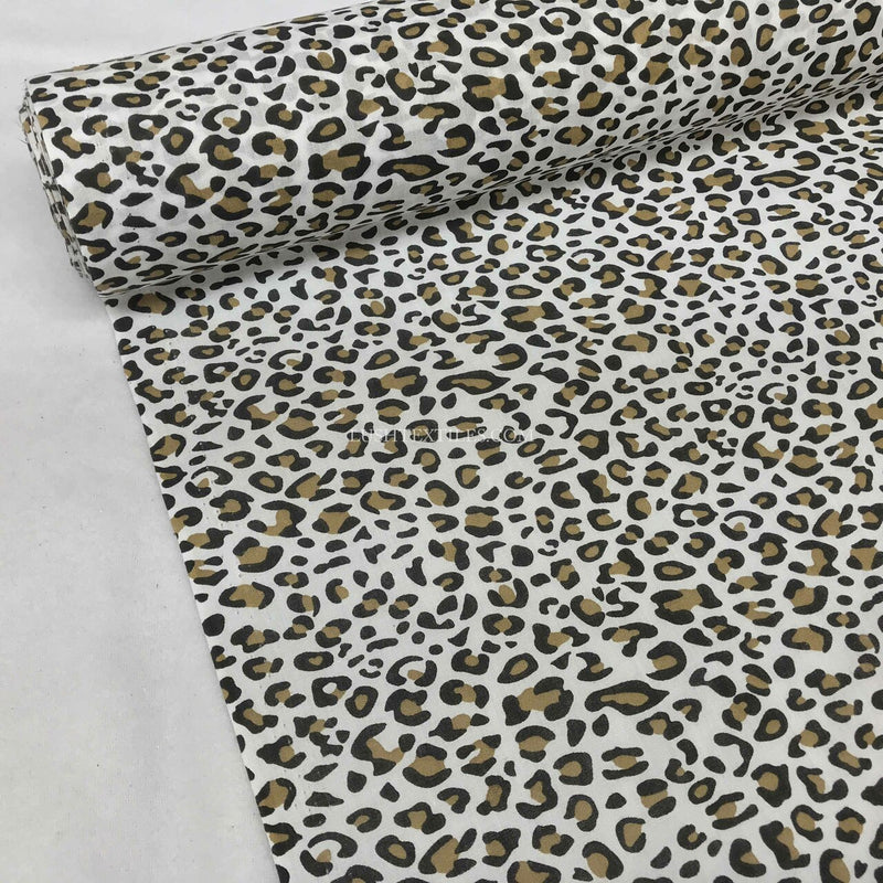 Brown Leopard Spots Animal Print Polycotton Fabric, White