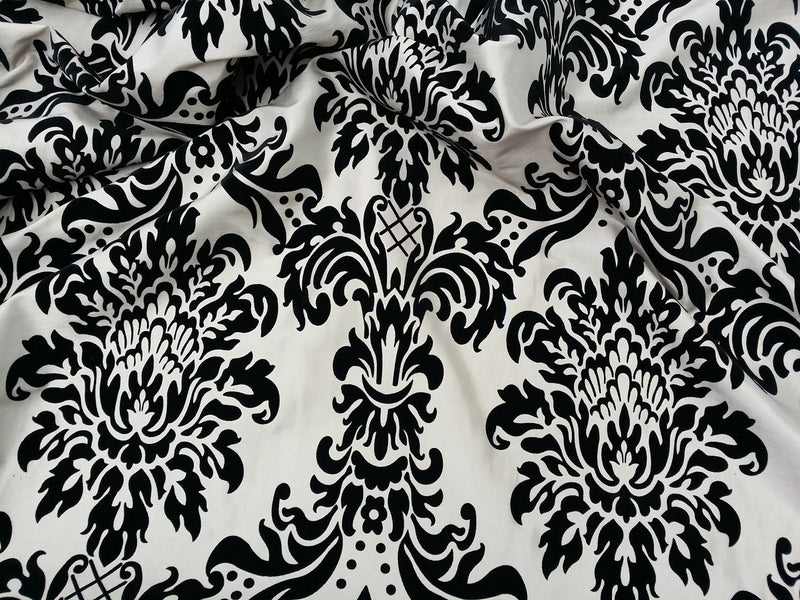 Black Damask Velvet Flock Taffeta Fabric, Taupe