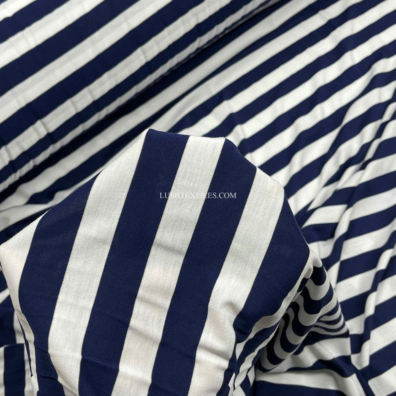 1" Navy & White Sailors Stripe Cotton Jersey Stretch Dress Fabric French Navy