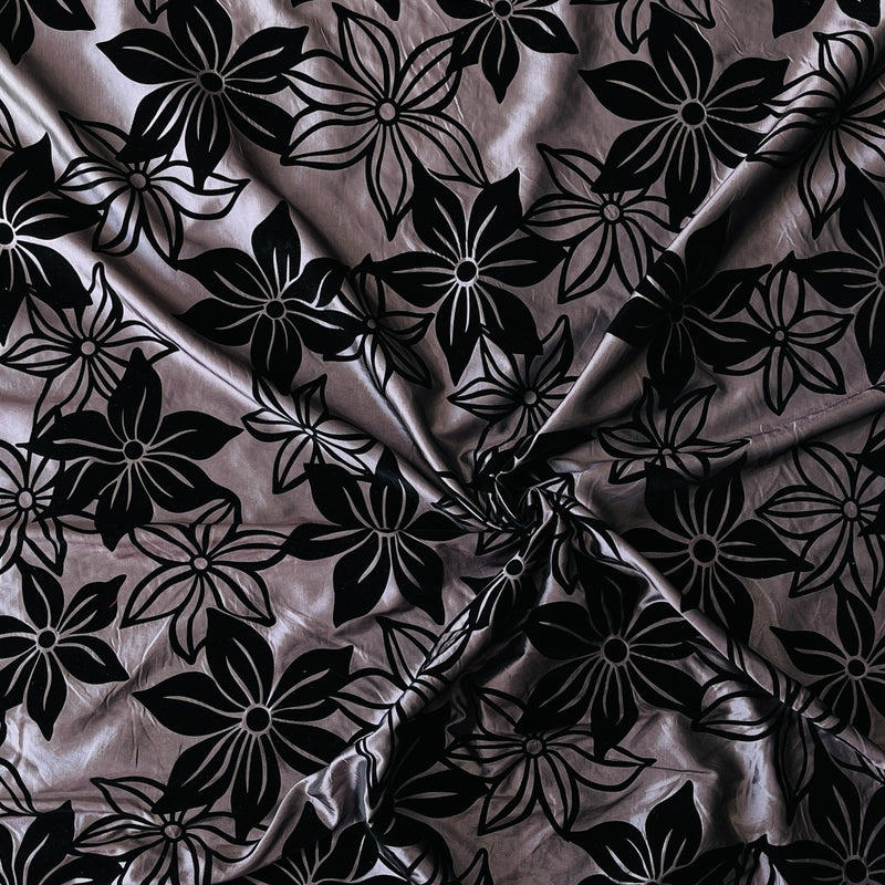 Black Flower Velvet Flock Taffeta Fabric, Aubergine