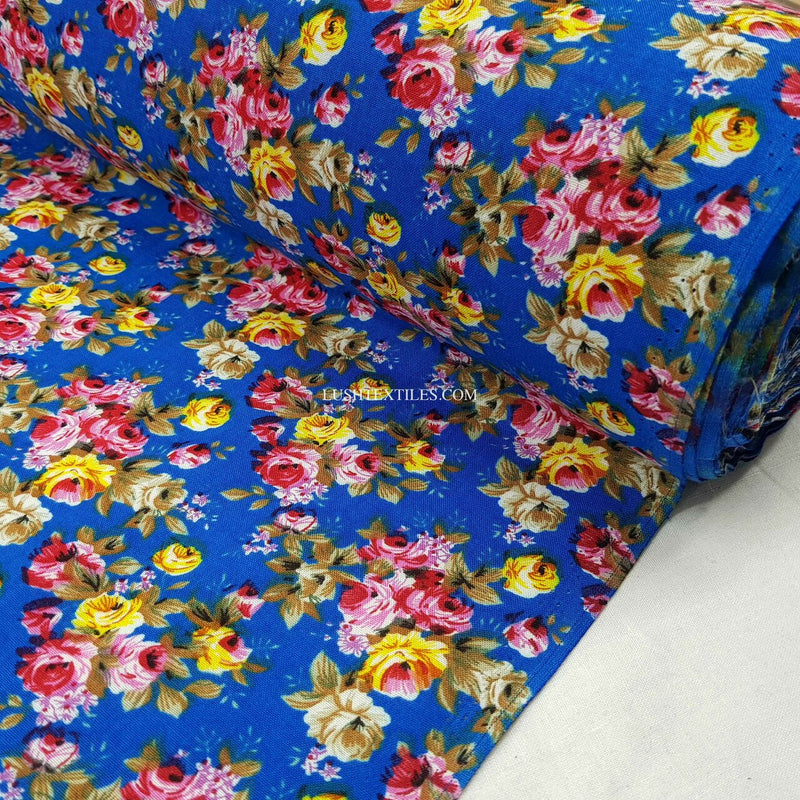 100% Viscose Floral Roses Dress Fabric, Blue