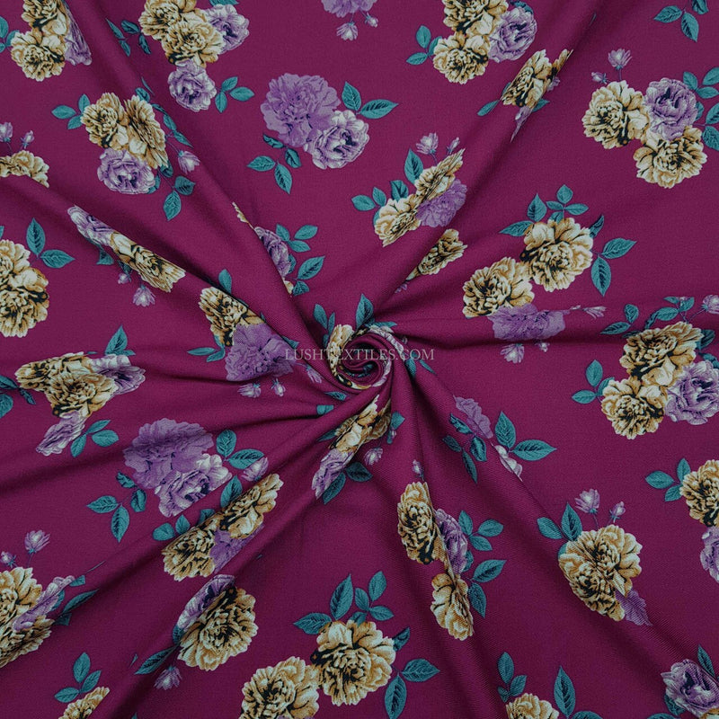 100% Viscose Floral Roses Dress Fabric, Wine