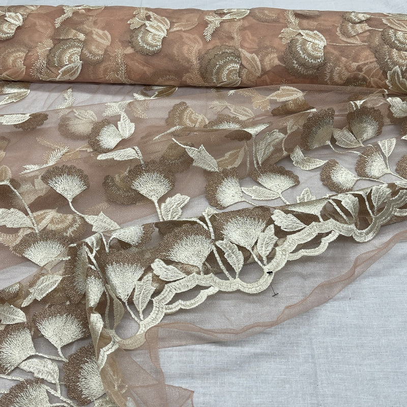 Embroidery Floral Elegance Net Lace Fabric, Peach