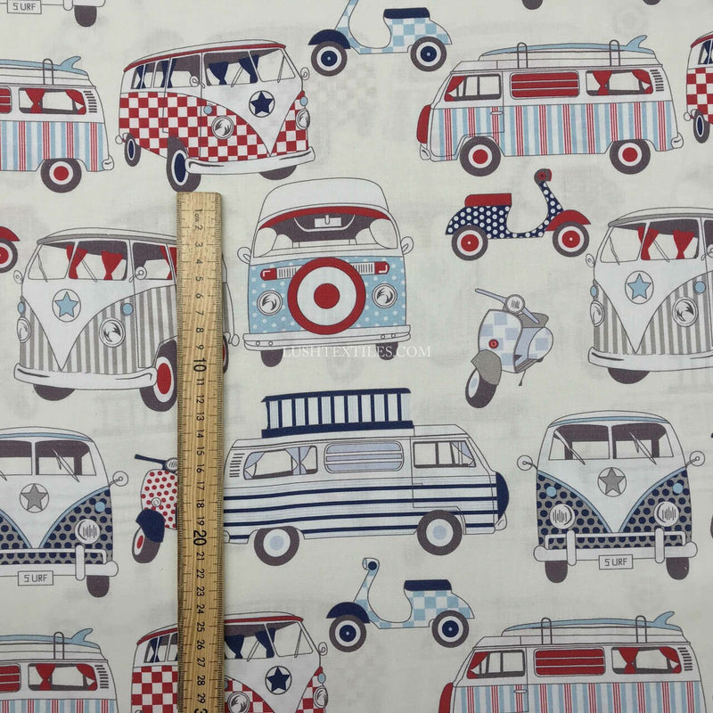 Camper Vans And Scooters Print Cotton Fabric, Nautical