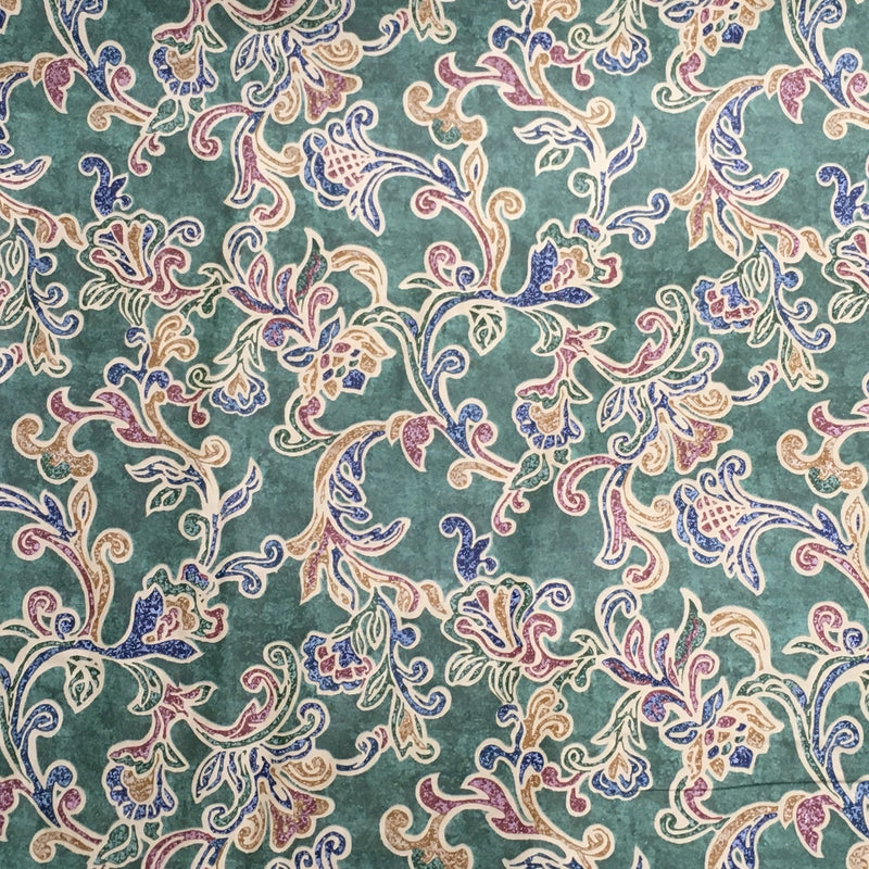 Damask Abstract Vintage Cotton Fabric, Green