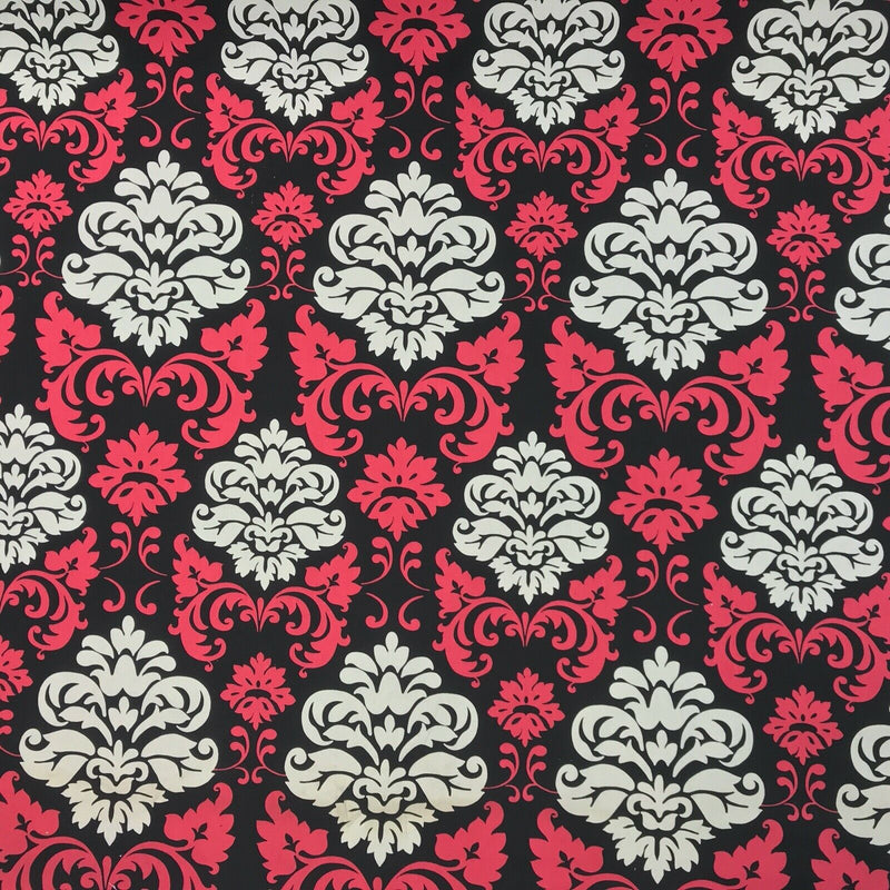 GlobalTex ORLY Cerise & Cream Damask On Black Cotton Fabric Curtain Upholstery