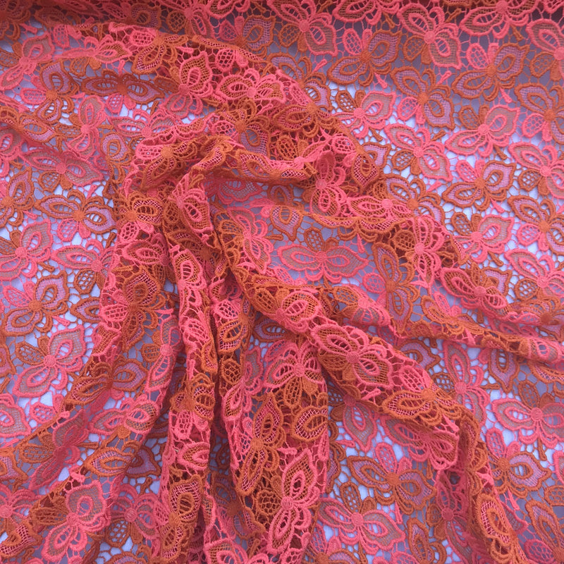 Butterfly Heavy Cotton Lace African Bridal Fabric, Orange/Pink