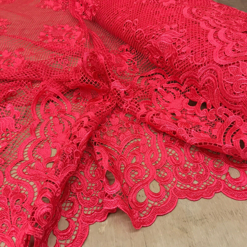 Cerise Red African Embroidery Lace Scalloped Mesh Net Dress Trim Wedding Fabric