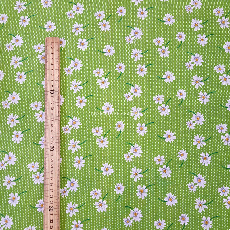 Tissu polycoton marguerites et pois, vert