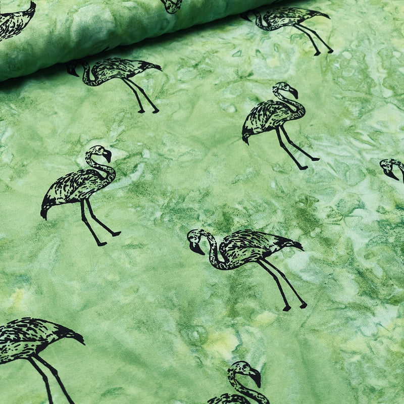 Tissu en popeline de coton Batik Tie Dye Flamingo, vert