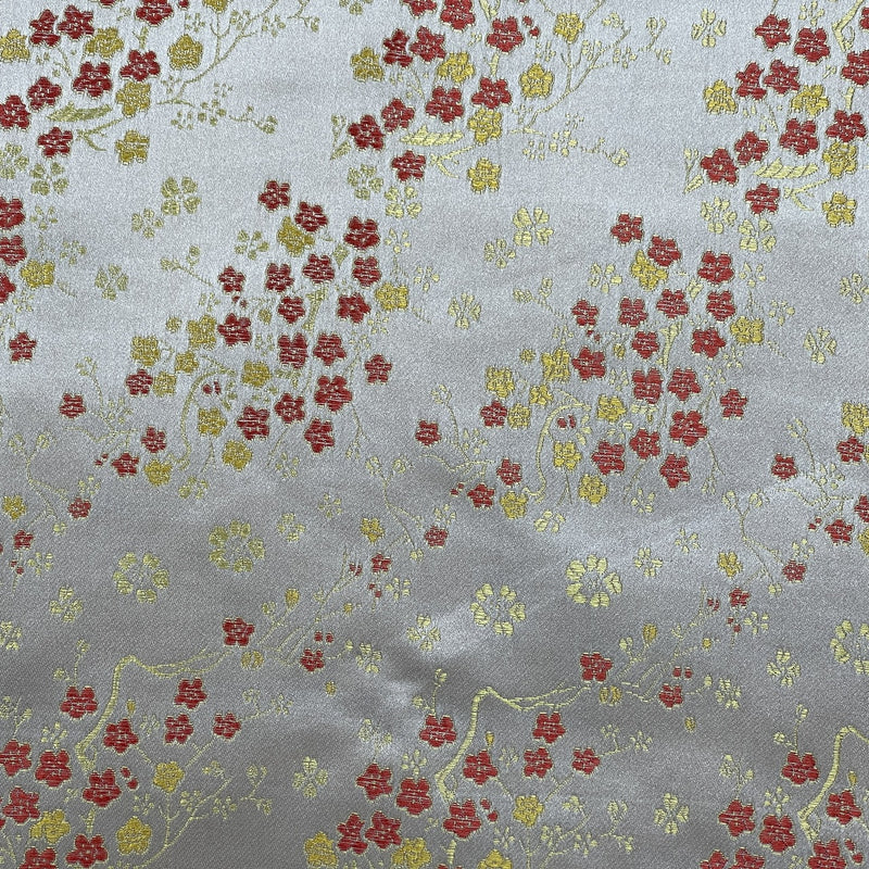 Chinese Blossom Silk Jacquard Brocade Fabric, Silver