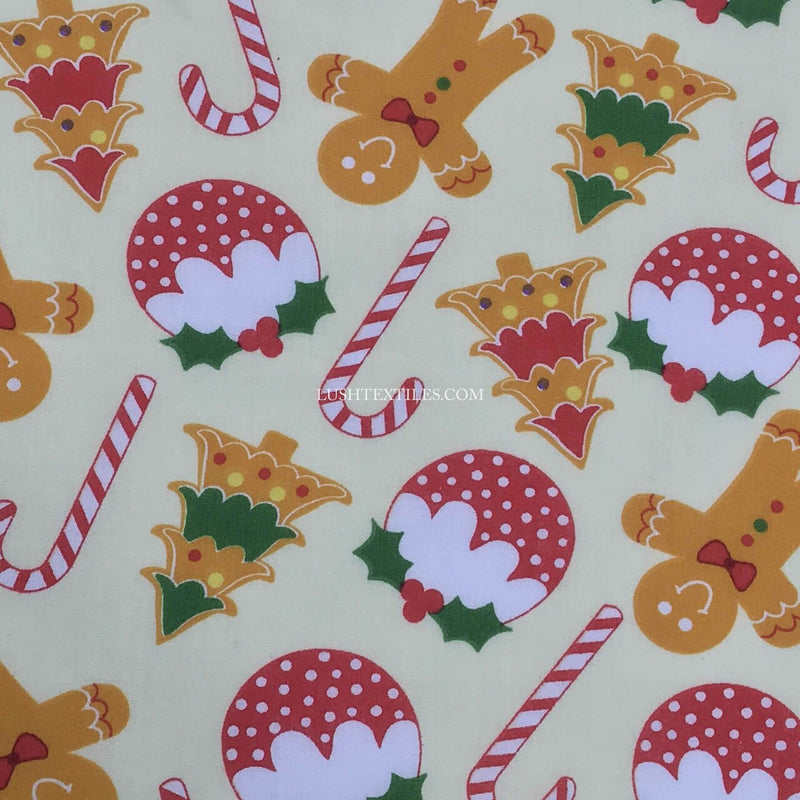 Christmas Pudding & Gingerbread Men Polycotton Fabric, Cream