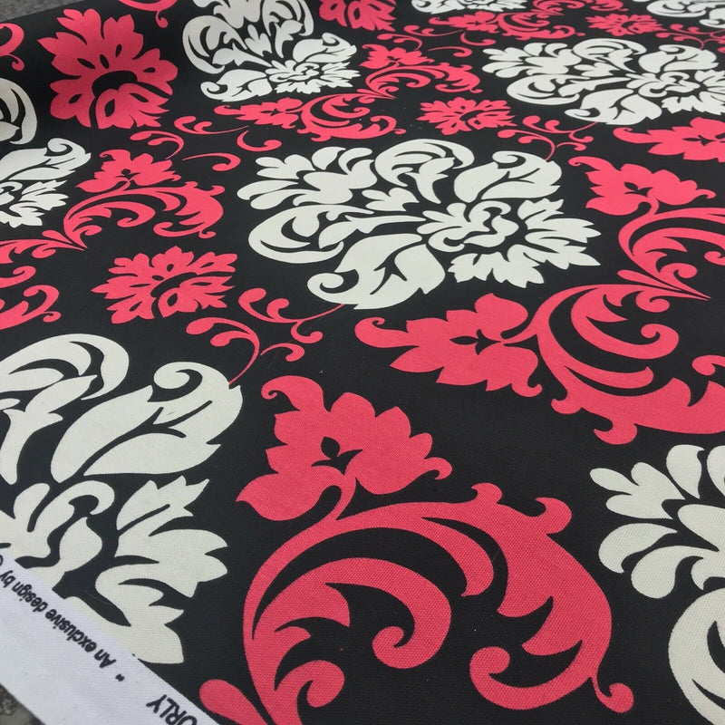 GlobalTex ORLY Cerise & Cream Damask On Black Cotton Fabric Curtain Upholstery